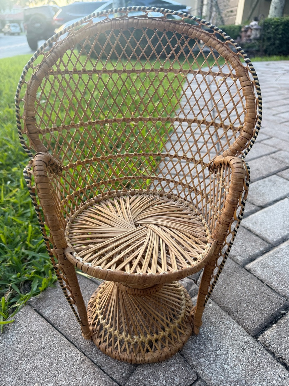Vintage Wicker Peacock Doll Chair in Natural Brown with Black & White Accent